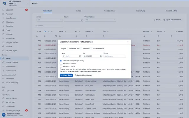 Screenshot Cash desk export for the tax office in svscore