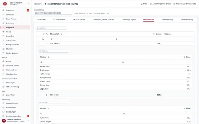 Screenshot Teams & clubs in svscore