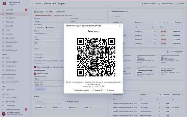 Screenshot Sign in with QR code in svscore