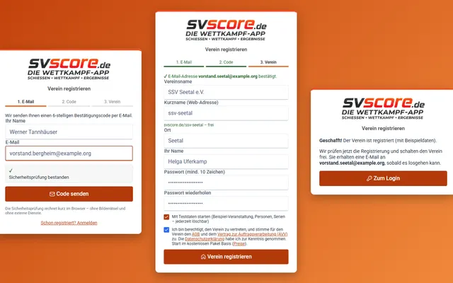 Screenshot Sign-up with test data in svscore