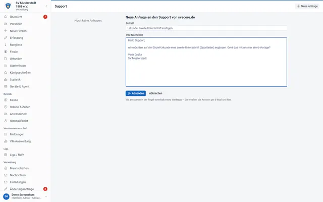 Screenshot Support straight from the admin area in svscore